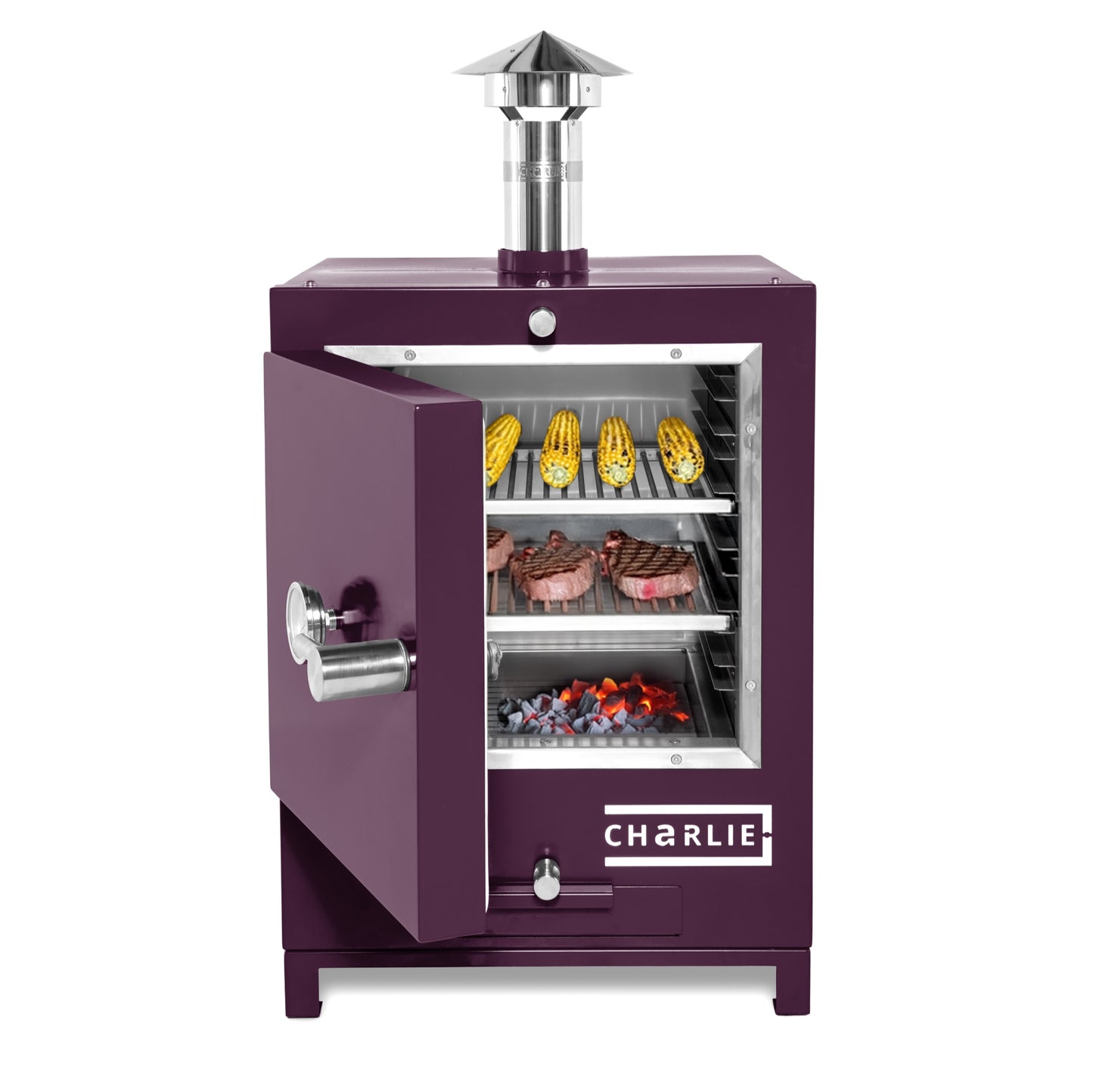Cheeky Charlie Tabletop Oven in Beetroot, half open with food