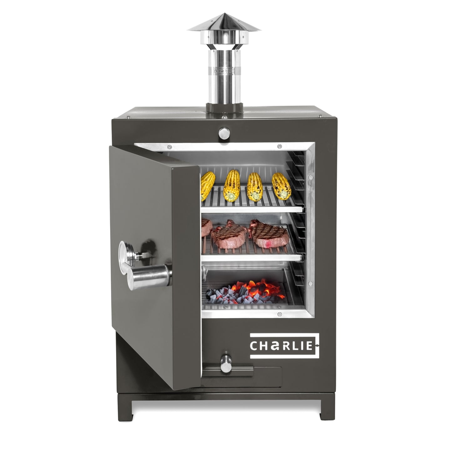 Cheeky Charlie Tabletop Oven in Porcini, half open with food
