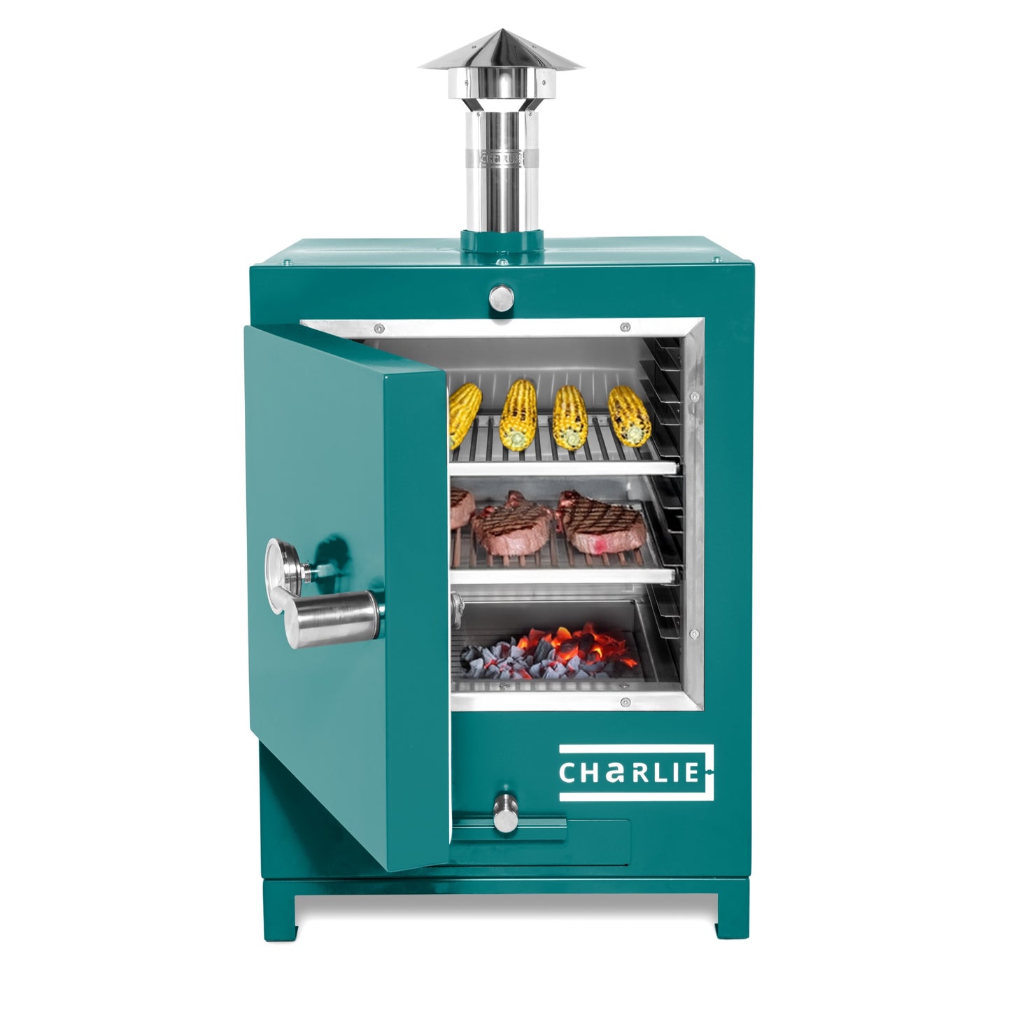 Cheeky Charlie Tabletop Oven in Teal Duck, half open with food