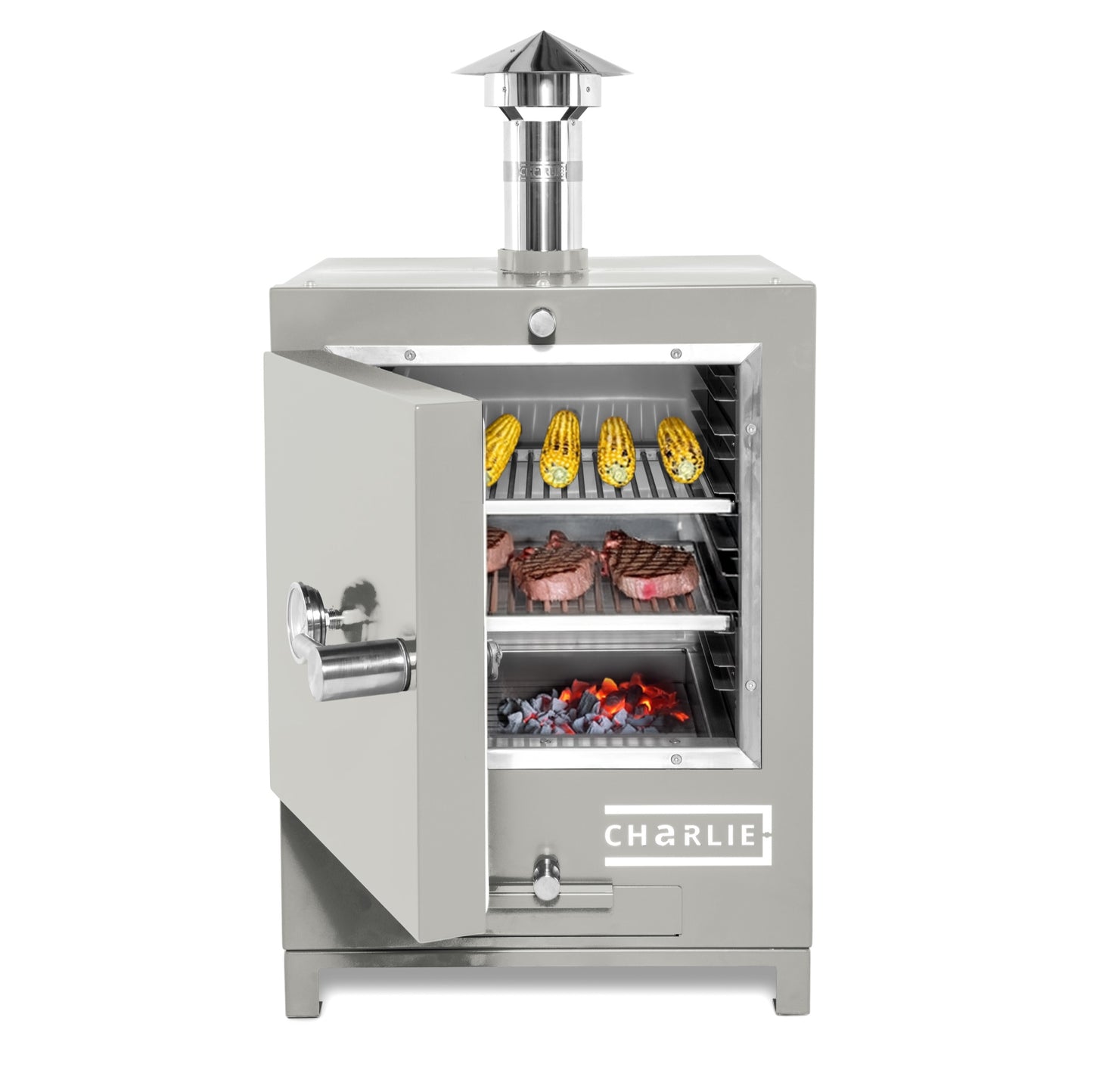 Cheeky Charlie Tabletop Oven in Truffle, half open with food