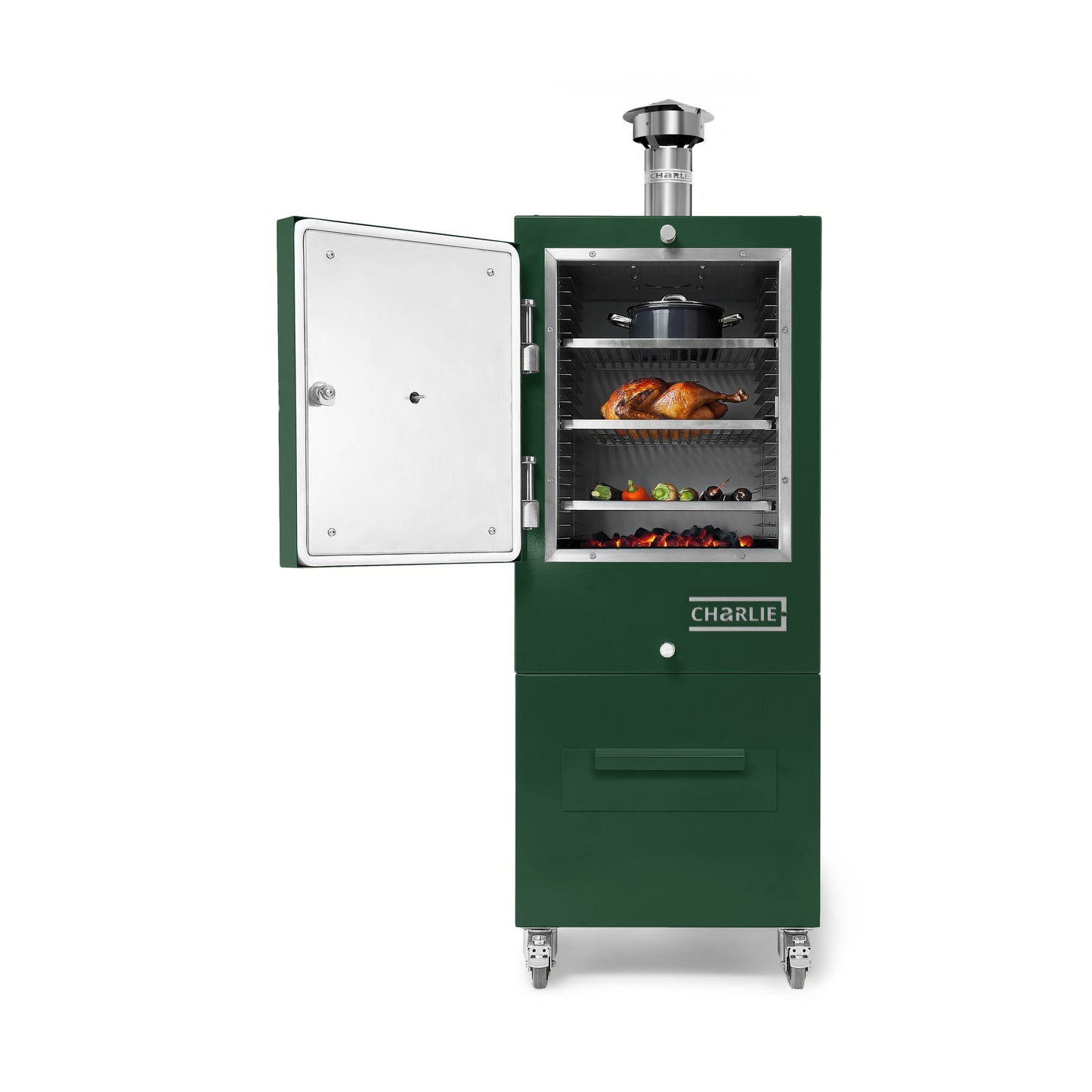 Charlie Charcoal Oven in Green Chilli, door open with food