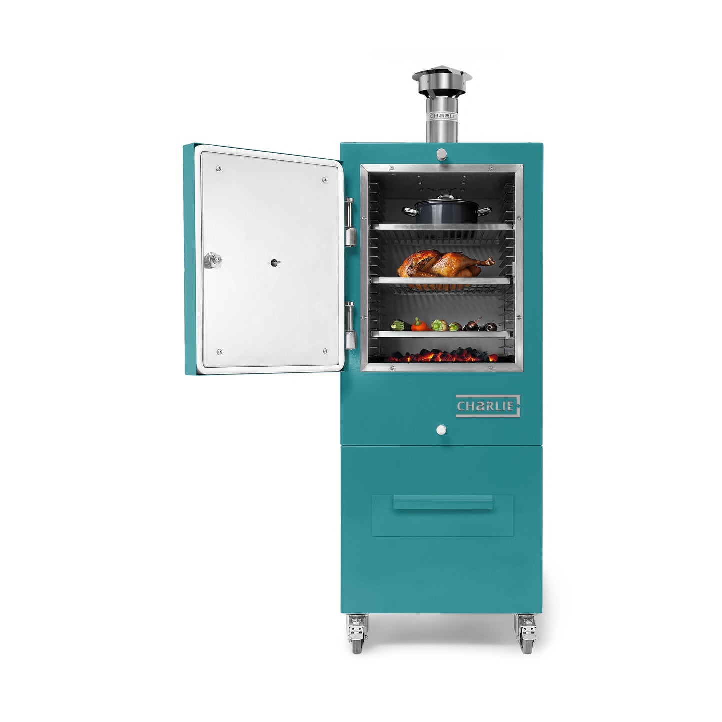 Charlie Charcoal Oven in Teal Duck, door open with food