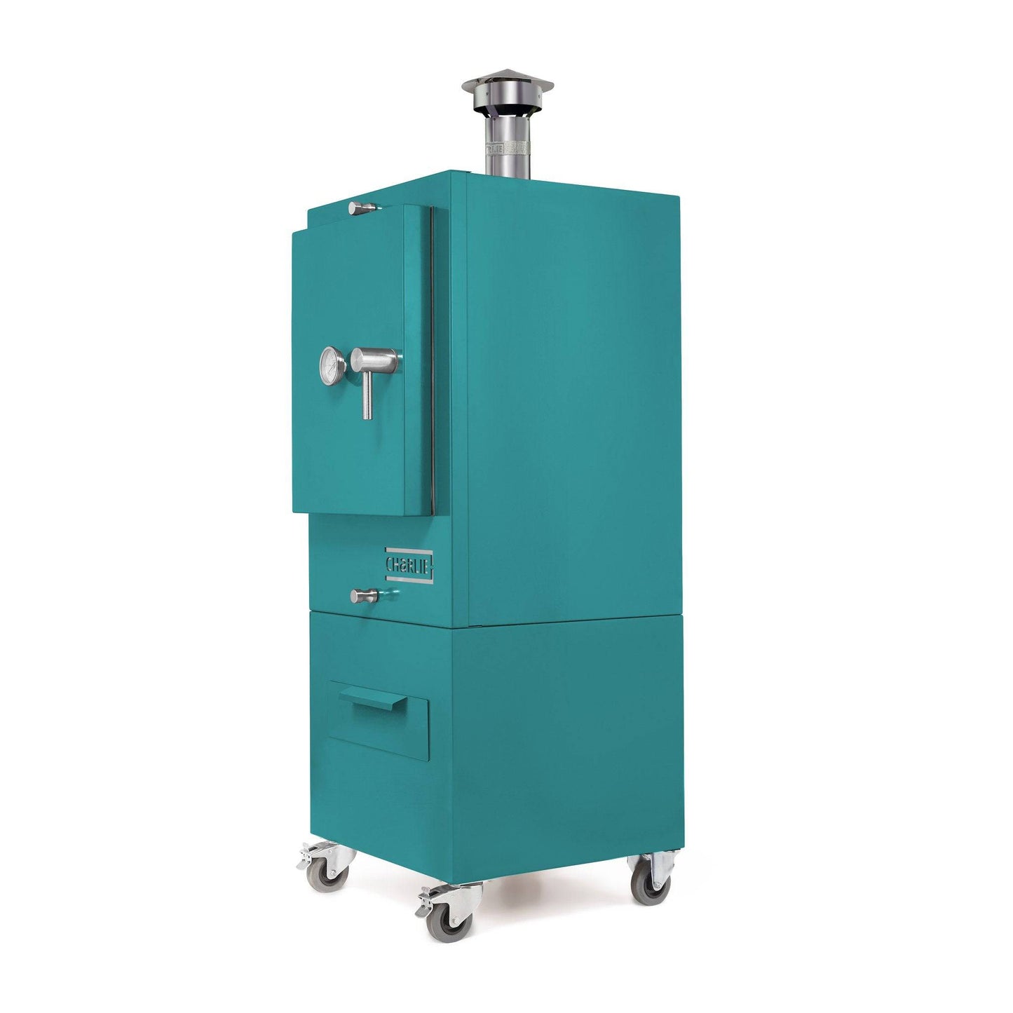 Charlie Charcoal Oven in Teal Duck, angled view
