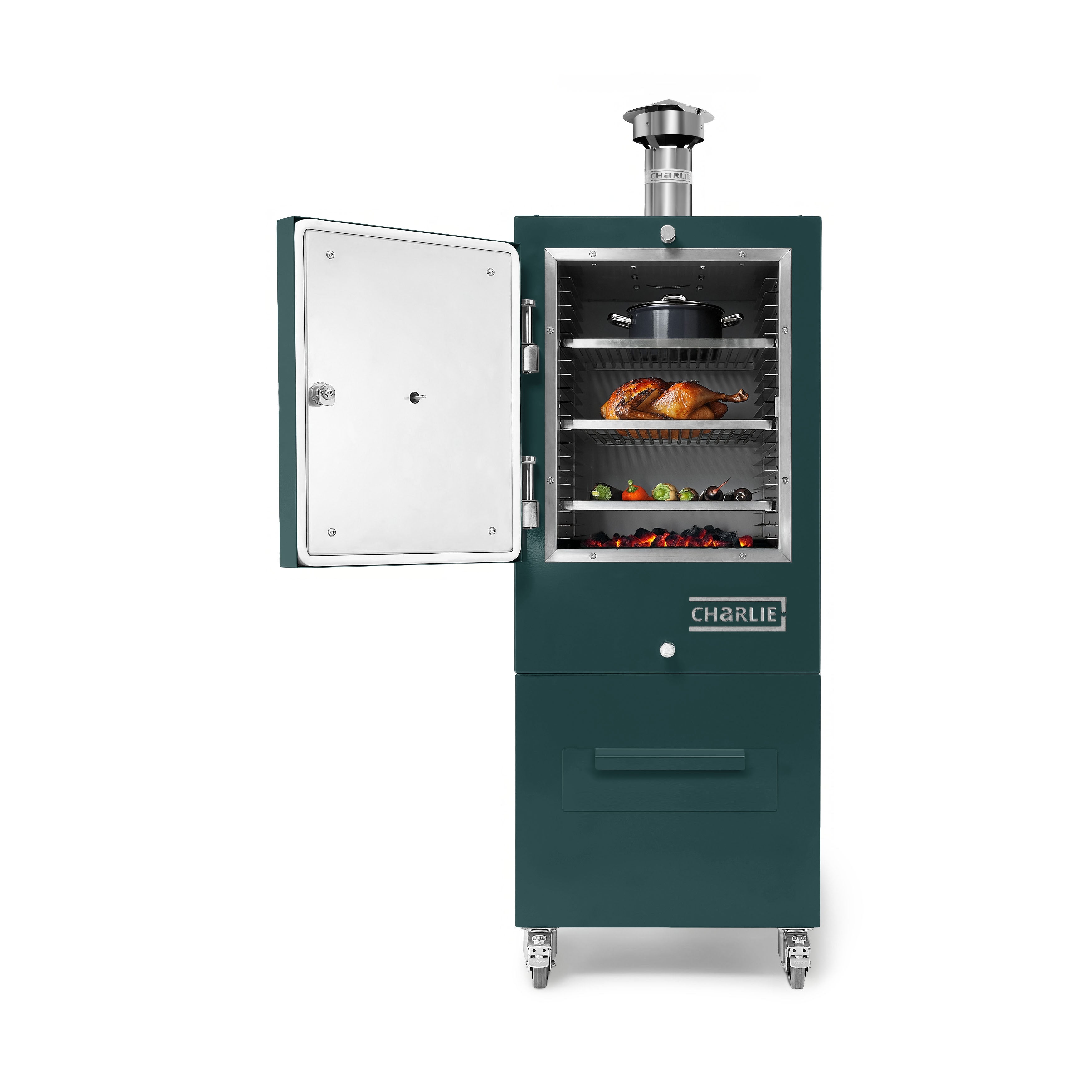 Charlie Charcoal Oven in Agave Green, door open with food