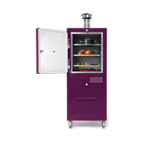 Charlie Charcoal Oven in Beetroot, door open with food