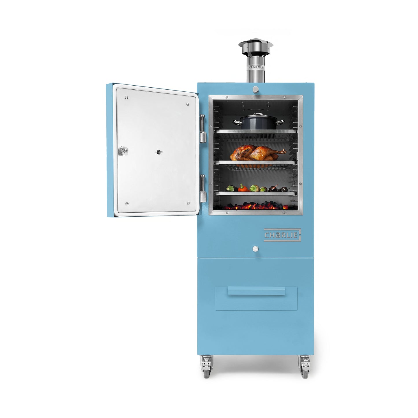 Charlie Charcoal Oven in Blue Marlin, door open with food