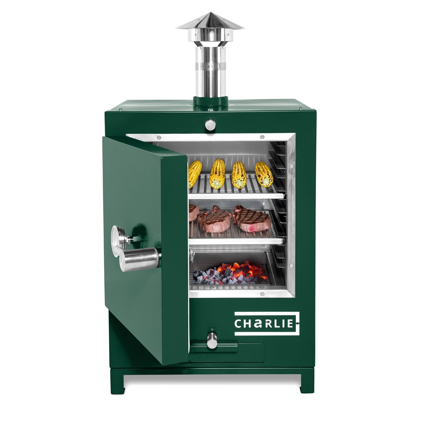 Cheeky Charlie Tabletop Oven in Green Chilli, half open with food