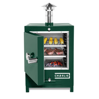Cheeky Charlie Tabletop Oven in Green Chilli, half open with food