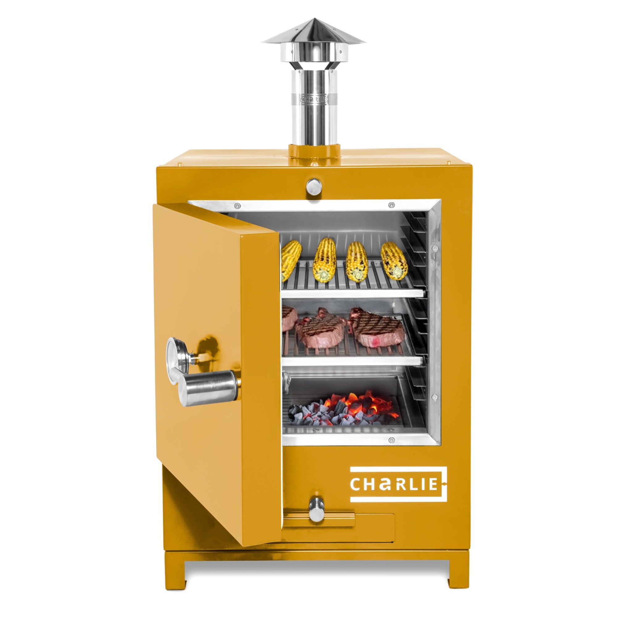 Cheeky Charlie Tabletop Oven in Honeycomb, half open with food