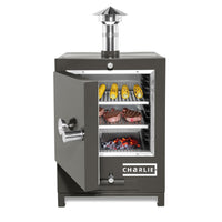Cheeky Charlie Tabletop Oven in Porcini, half open with food