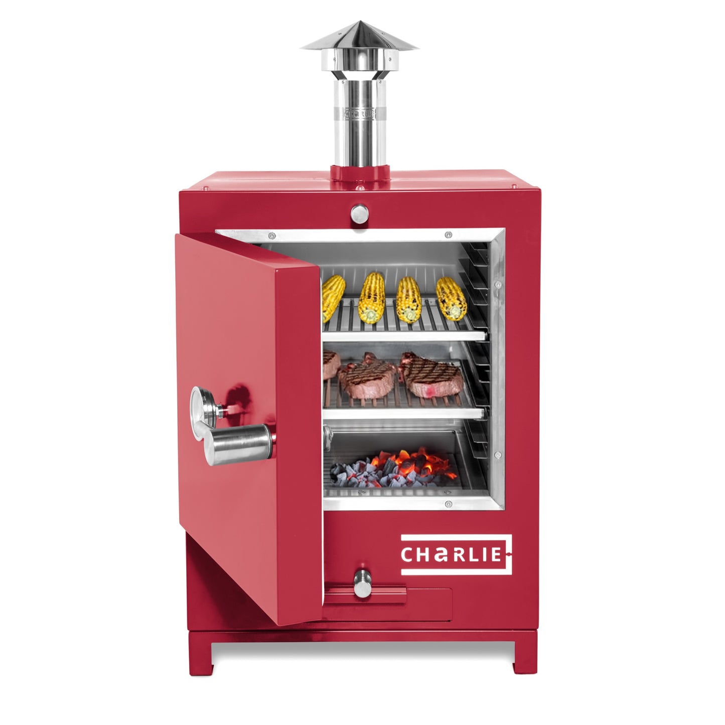 Cheeky Charlie Tabletop Oven in Rhubarb, half open with food