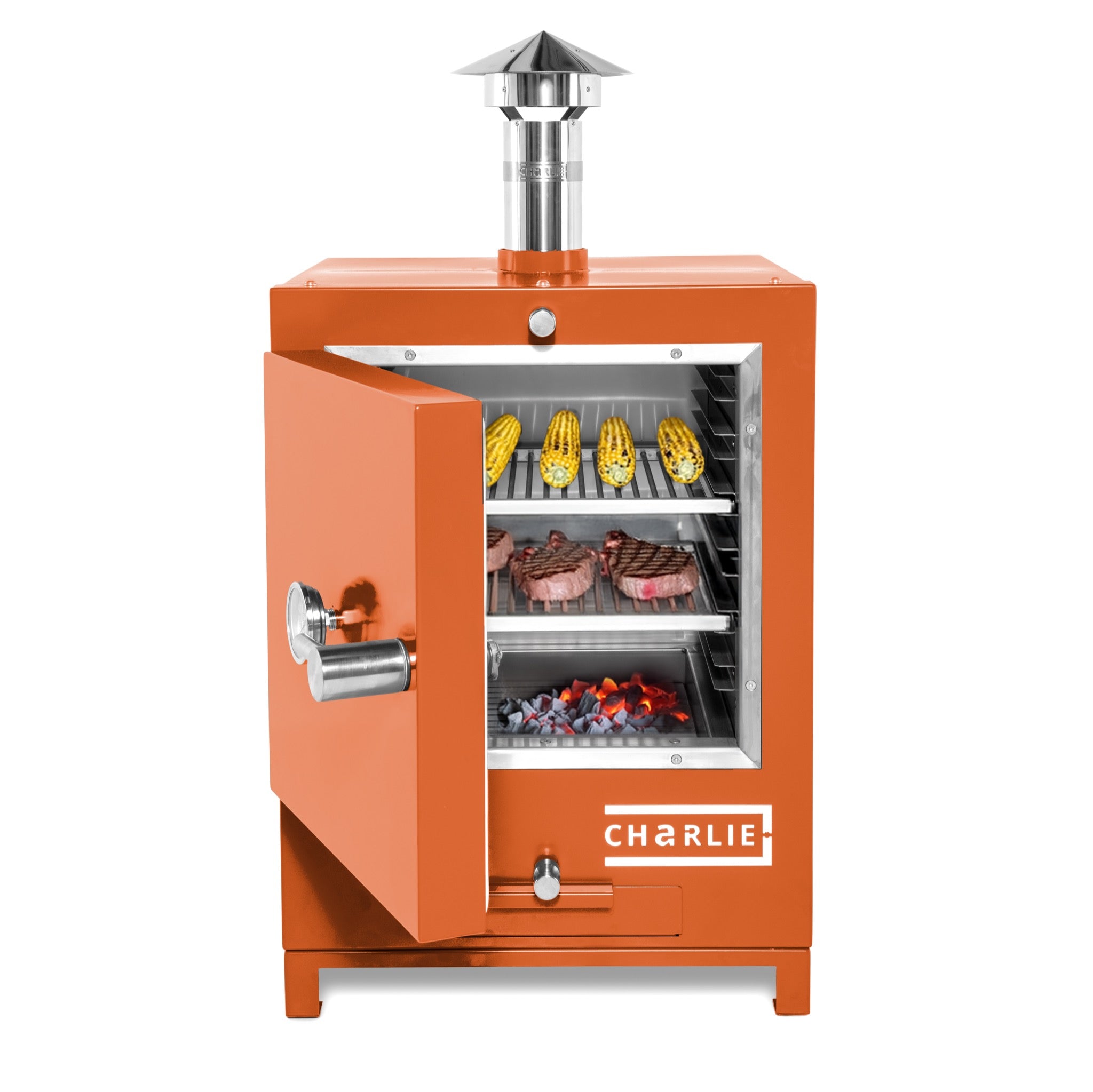 Cheeky Charlie Tabletop Oven in Saffron, half open with food