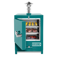 Cheeky Charlie Tabletop Oven in Teal Duck, half open with food