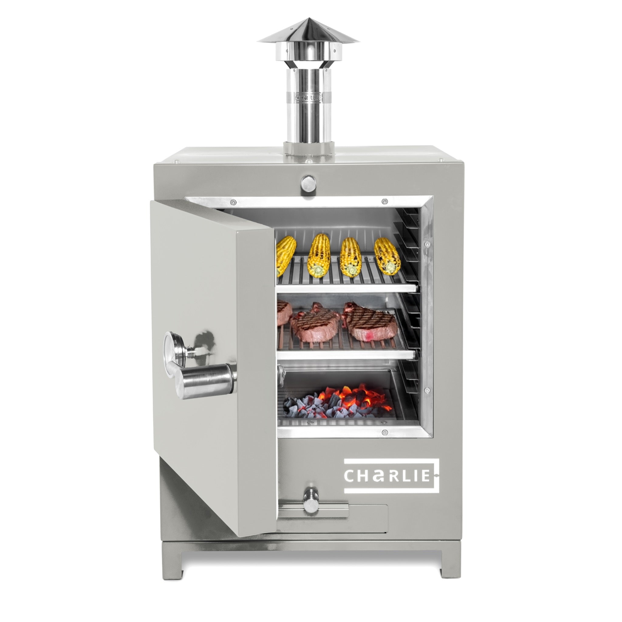 Cheeky Charlie Tabletop Oven in Truffle, half open with food