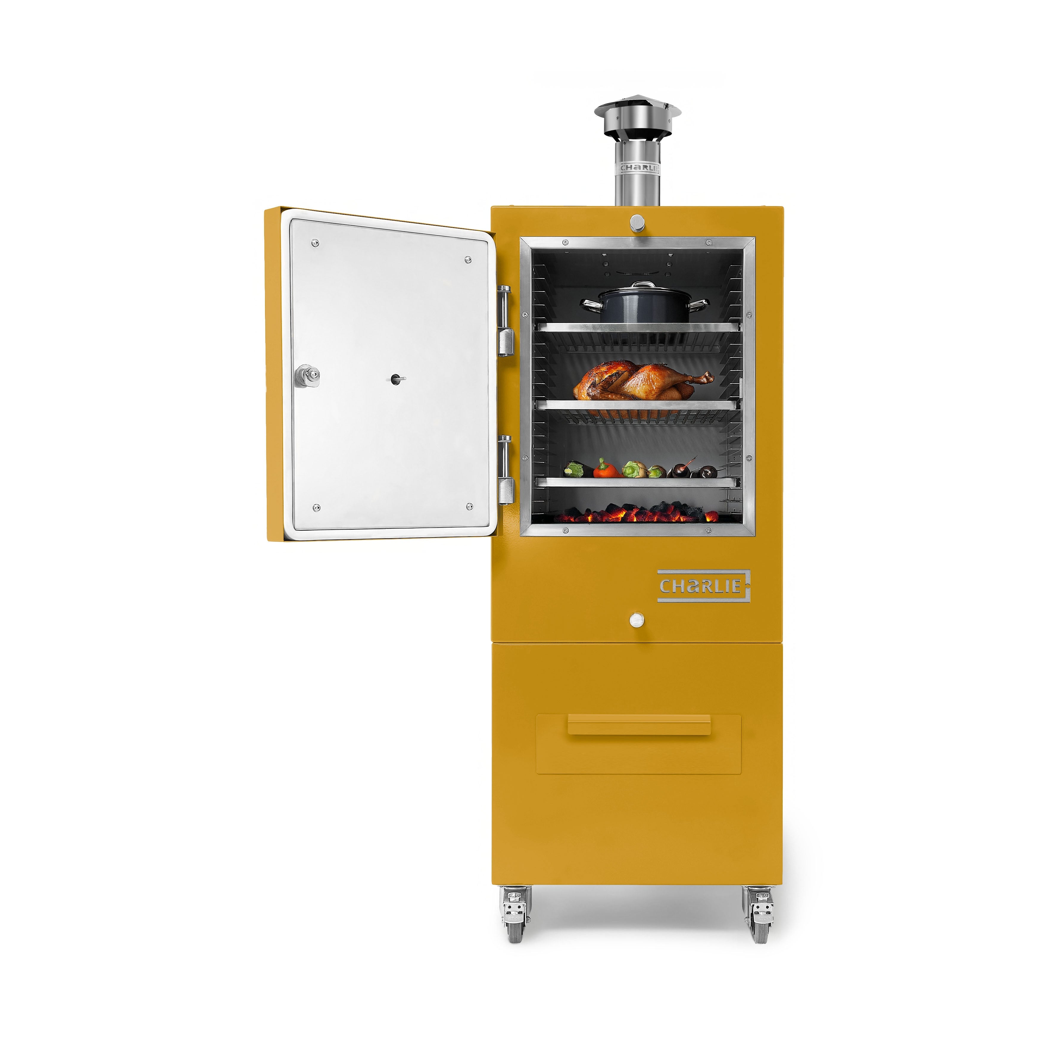 Charlie Charcoal Oven in Honeycomb, door open with food