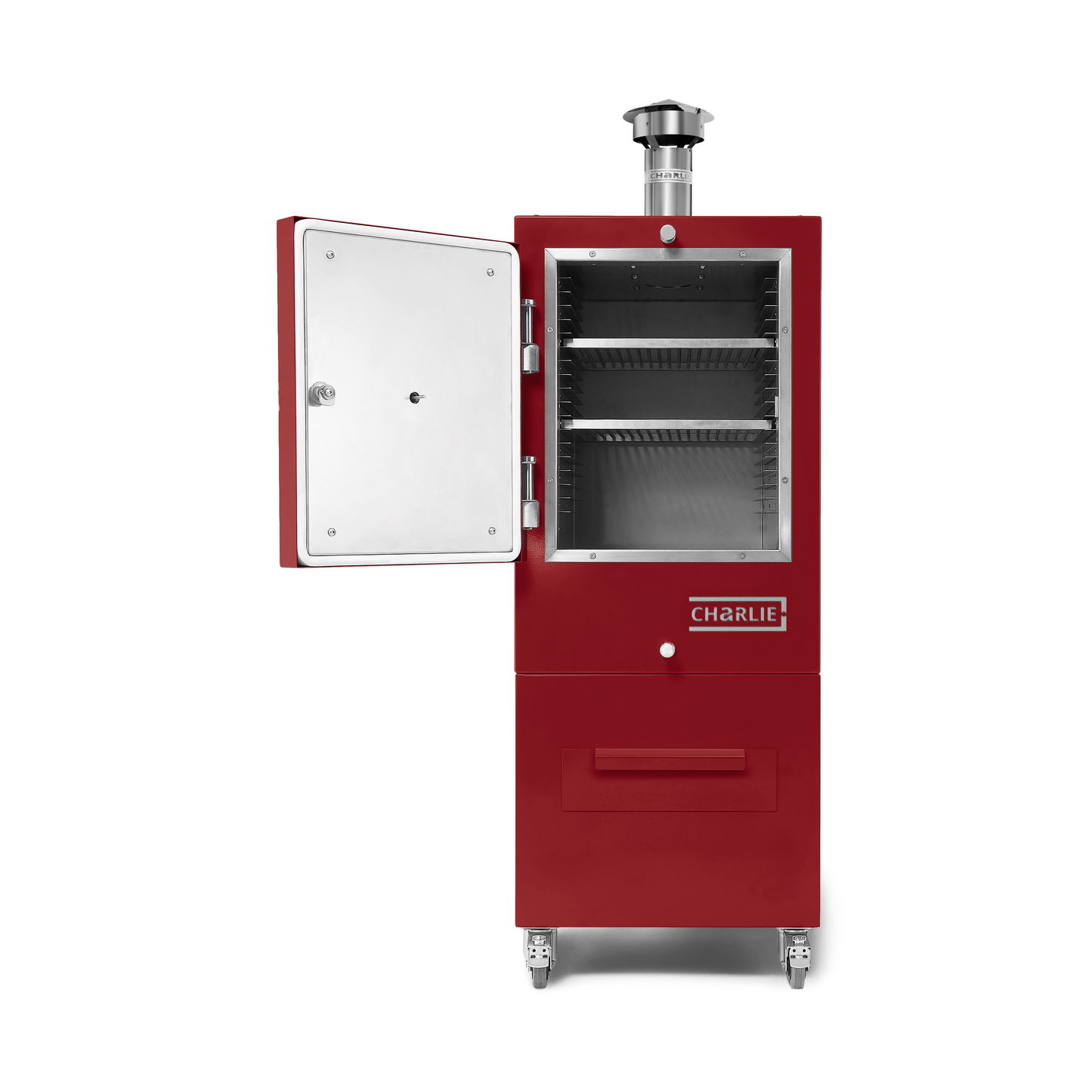 Charlie Charcoal Oven in Dark Cherry, door open view