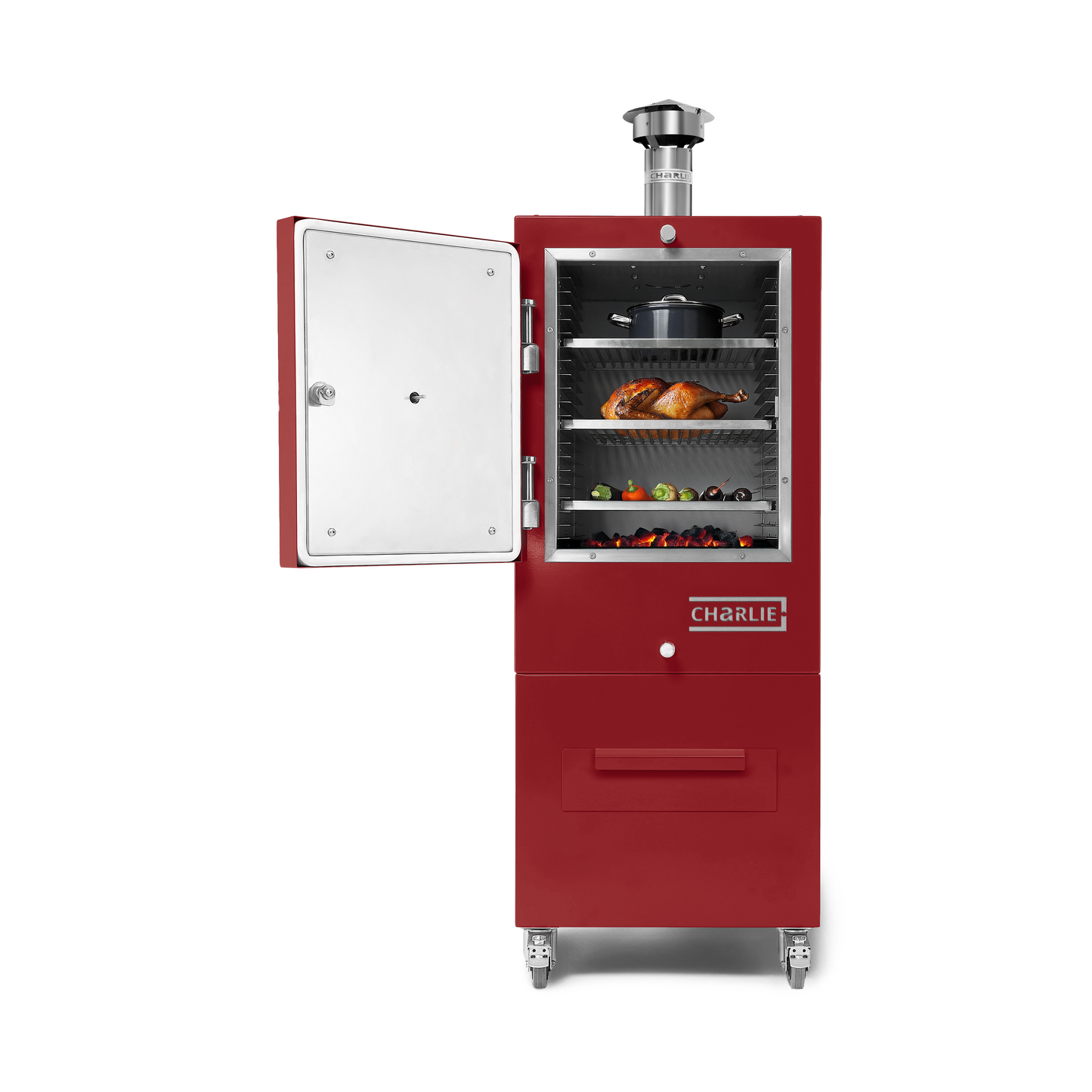 Charlie Charcoal Oven in Dark Cherry, door open with food