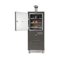 Charlie Charcoal Oven in Porcini, door open with food