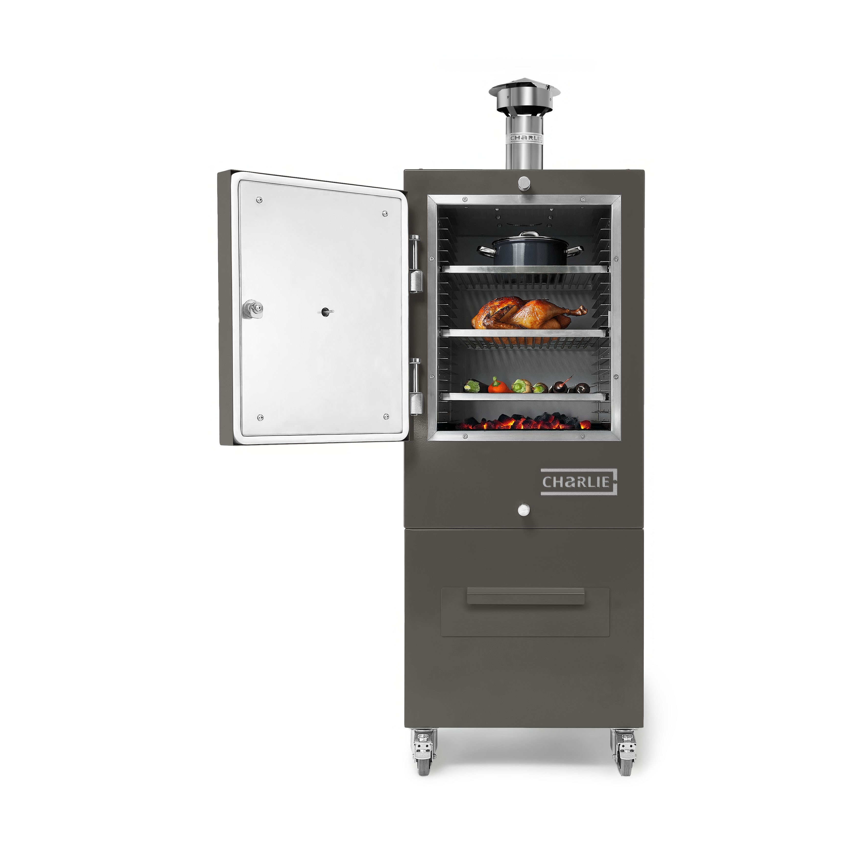 Charlie Charcoal Oven in Porcini, door open with food
