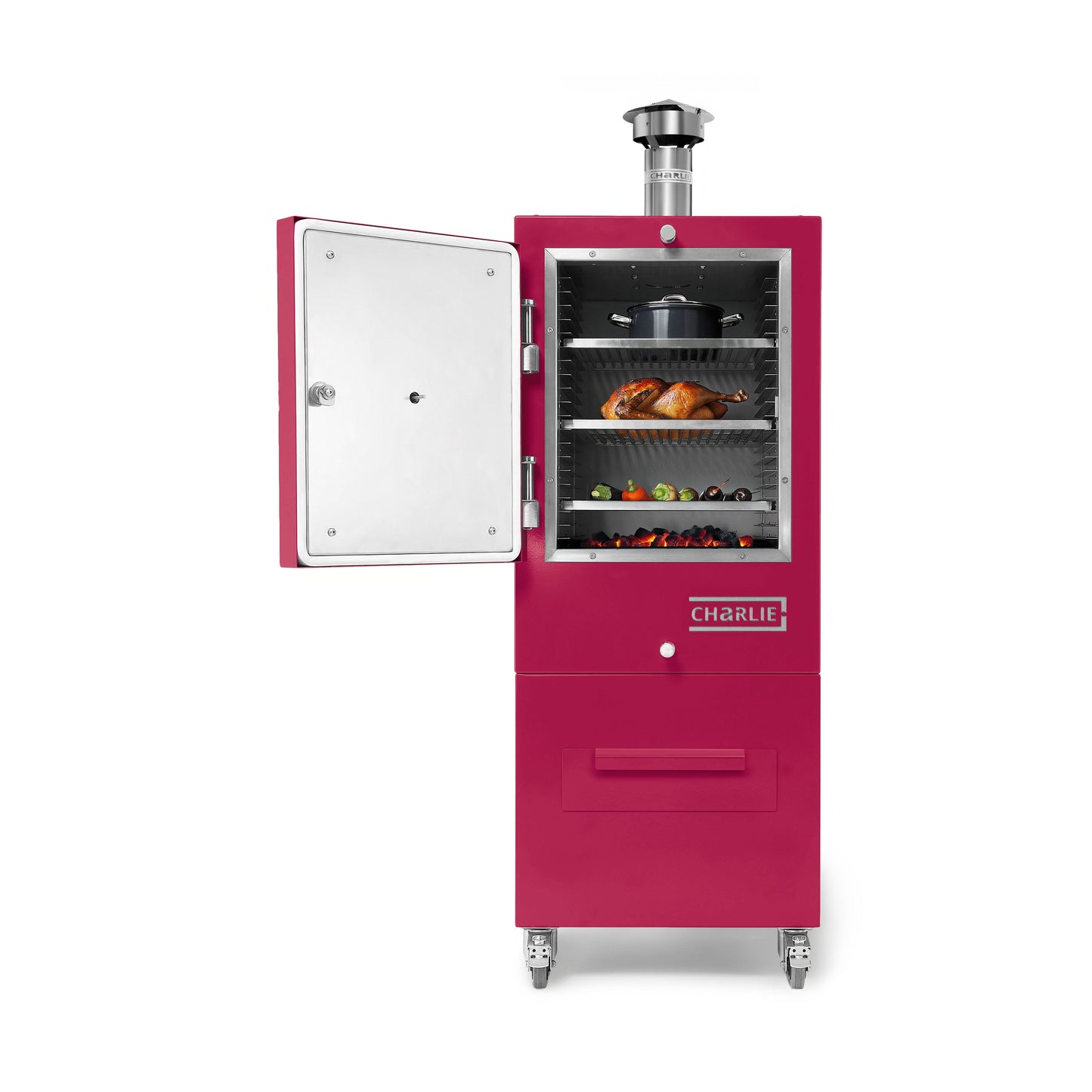 Charlie Charcoal Oven in Rhubarb, door open with food