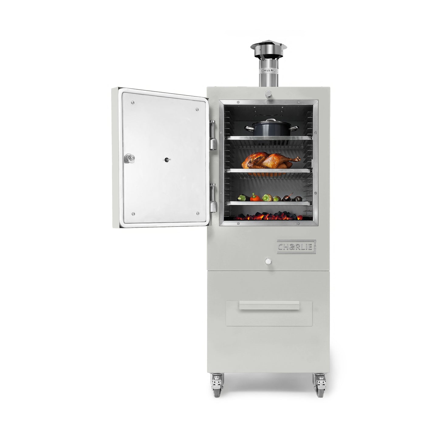 Charlie Charcoal Oven in Truffle, door open with food