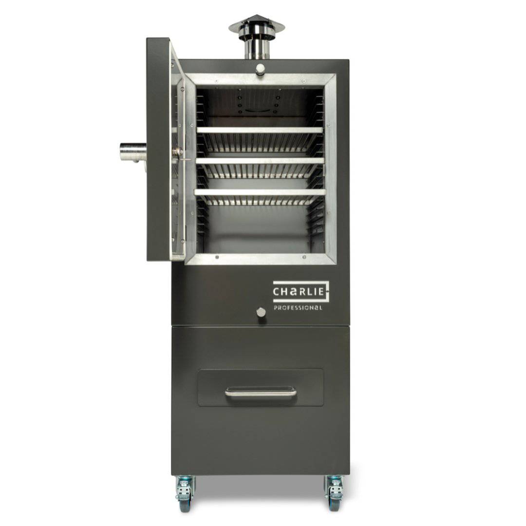 Professional Charlie Charcoal Oven, door open ready for cooking