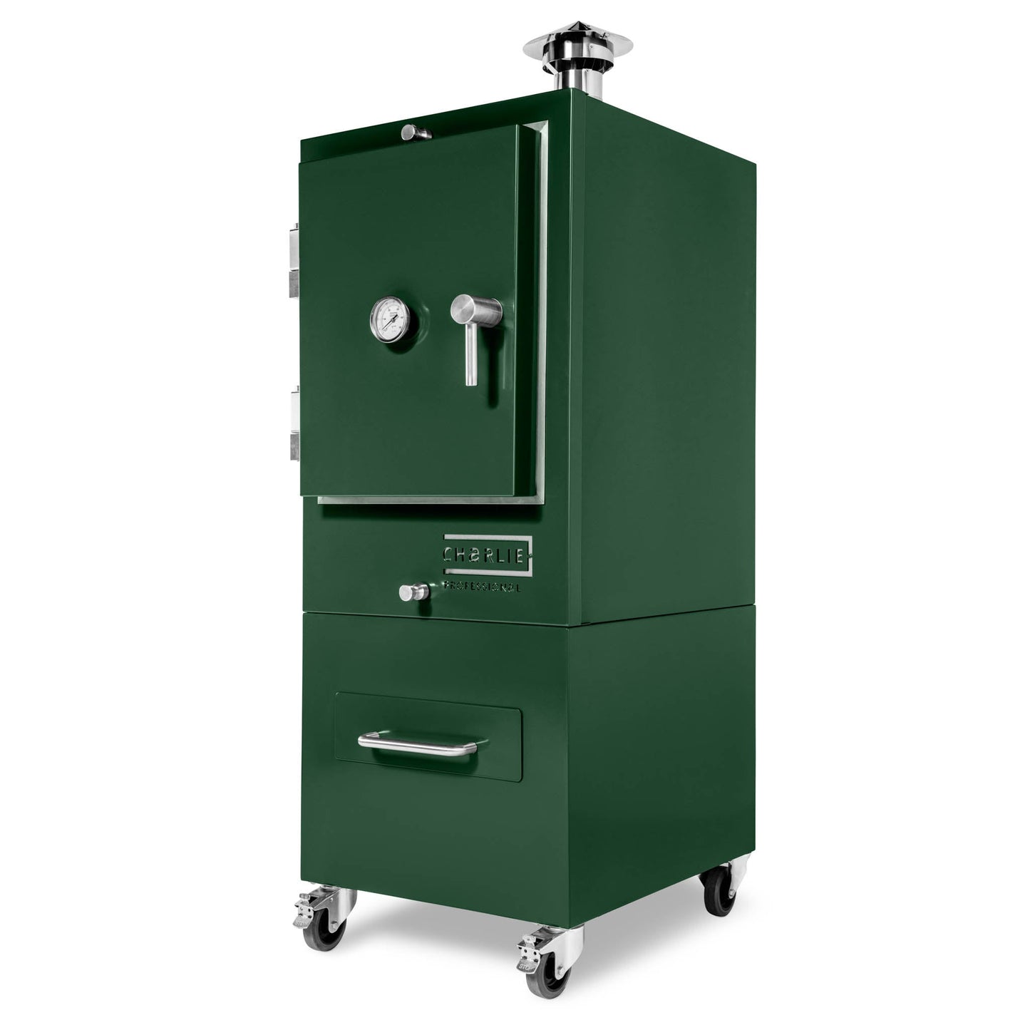 Professional Charlie Charcoal Oven, rear view showing chimney