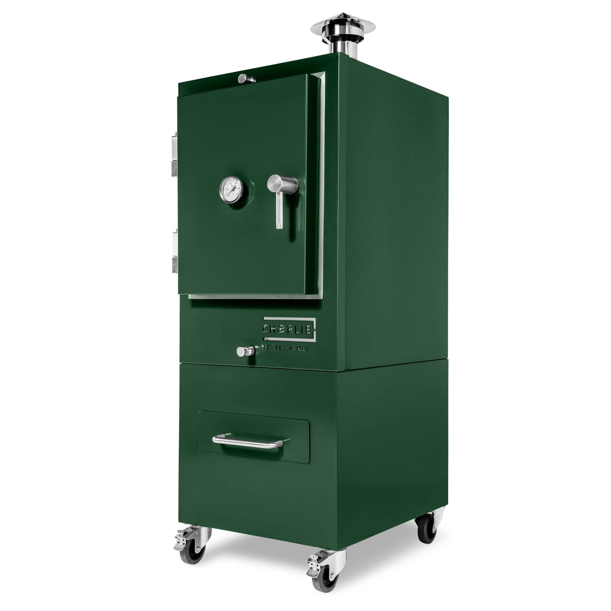 Professional Charlie Charcoal Oven, rear view showing chimney